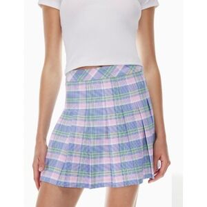 Aritzia Olive High Waist Micro Plaid Pleated Skirt 10 Pink Blue Twee Blokette